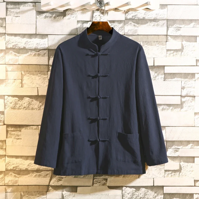 

Pop 2025 Chinese Traditional Tang Suit Hanfu Kimono Linen Shirt Solid Color Stand Collar Shrts Men Cardigan Casual Retro Button