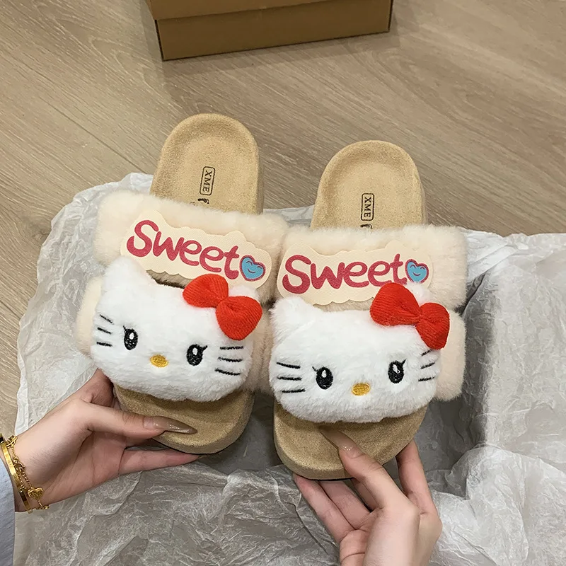 

Детские тапочки Hello Kitty, пушистая осенняя обувь для детей, нескользящие домашние тапочки на толстой подошве, дизайнерские белые, черные, размер 35-41