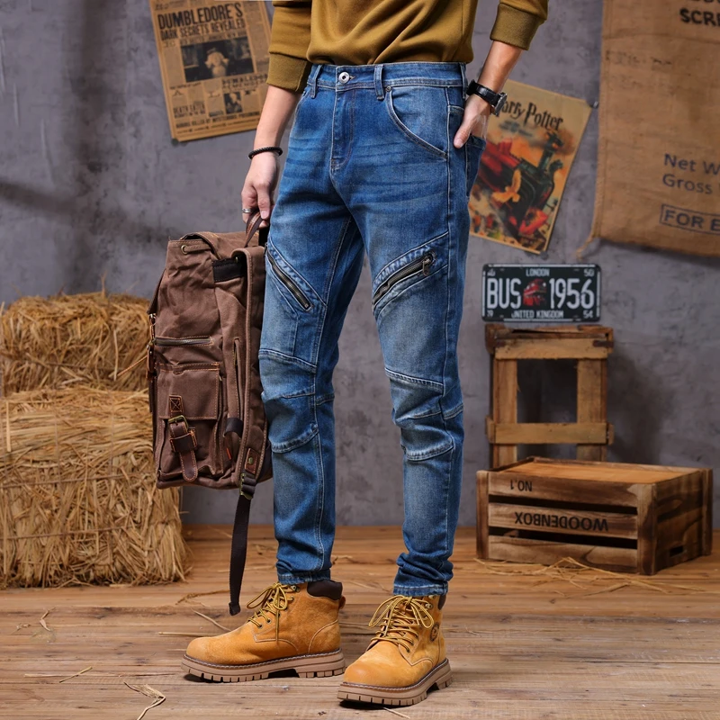 Autumn and winter men's retro trend elastic zipper real pocket motorcycle slim fit small leg jeans men jeans for men