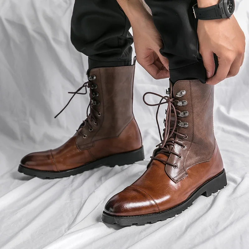 Botas masculinas de tornozelo PU com cadarço redondo, marrom, preto, de negócios, botas de motocicleta, tamanho 38-48