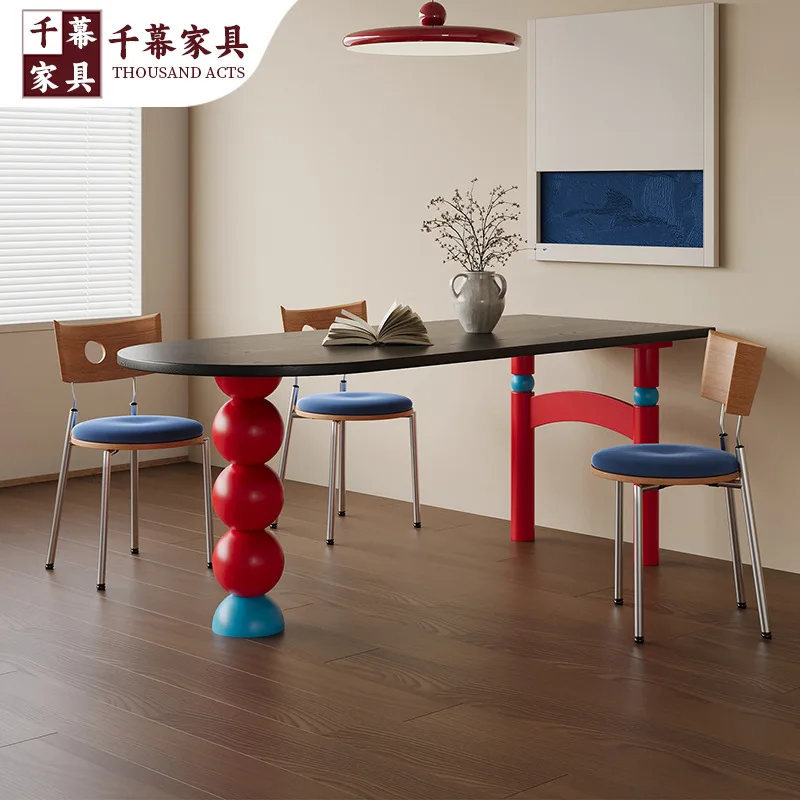 

Solid wood dining table for home, color block dining table, semi-circular desk against the wall