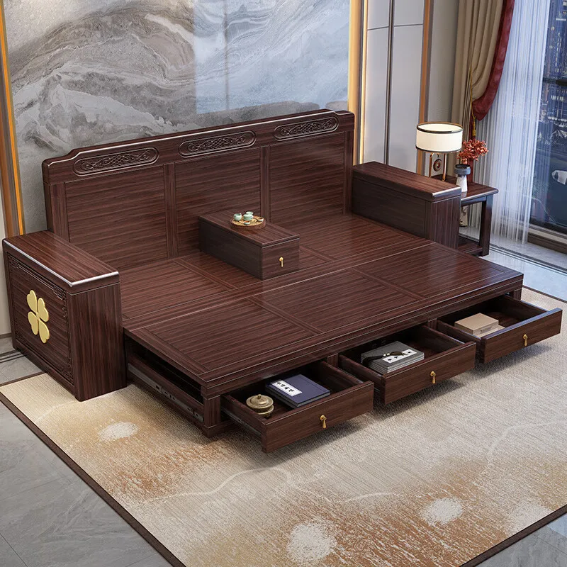 New Chinese ebony wood solid wood sofa combination Chinese villa drawer storage broachingbed light luxury living room sofabed
