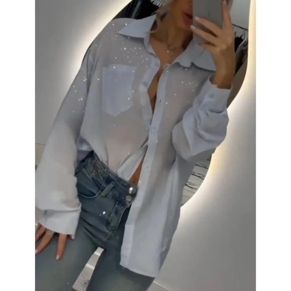 

Casual Fashionable Versatile Long-sleeved Sequined Female Shirt Spring Autumn New Style Lapel Solid Color Loose Women Shirt 2025