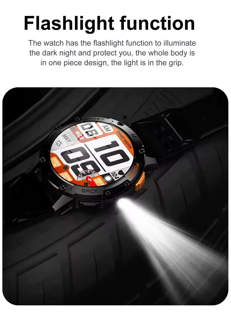 Gaines K65 Smart Watch Amoled Screen LED Flashlight Men Bluetooth Call Sports Fitness Tracker Health Monitor Smartwatch