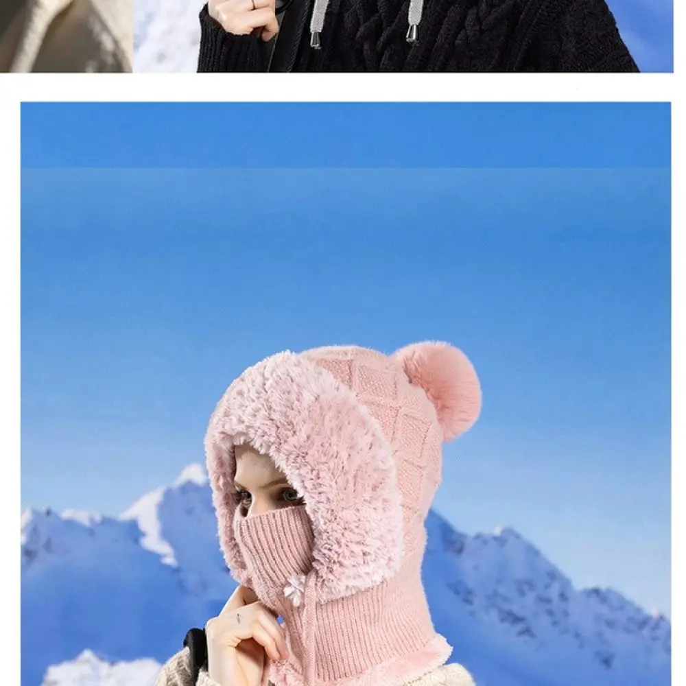 Thermal Winter Knitted Balaclava Hat Scarf Mask Women Fleece Lined Windproof Integrated Cap For Cold Climate Protection