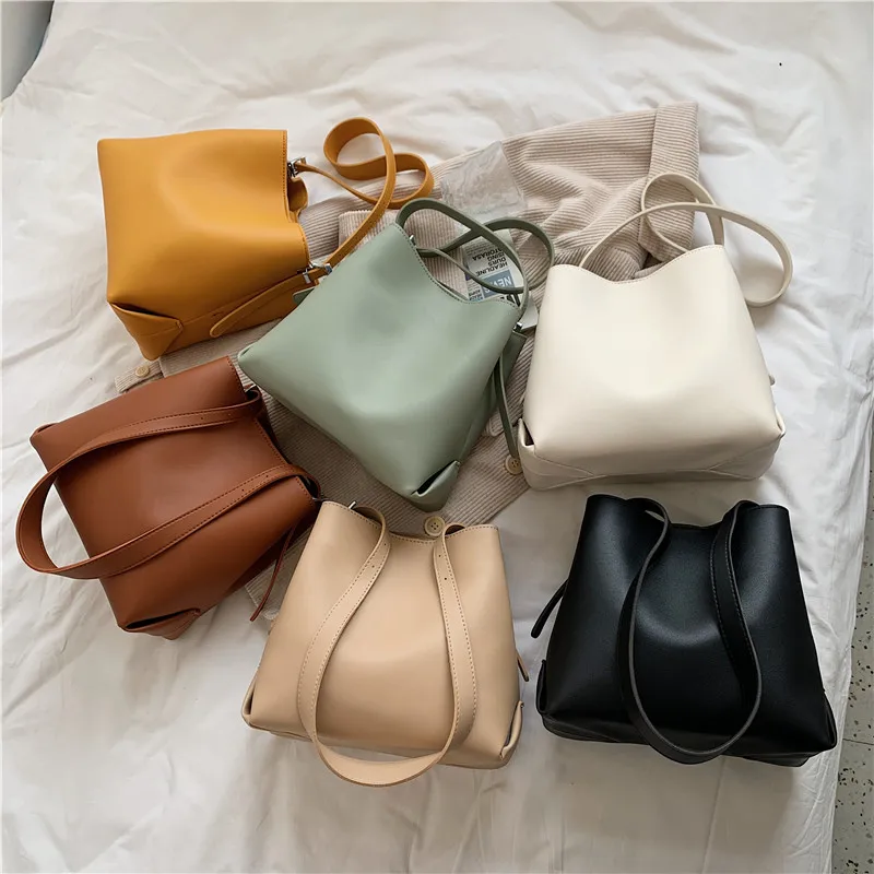 PU Leather Women Bucket Shoulder Bag Brand Luxury Solid Color ladies Handbags Casual Female Crossbody bags bolsas totes