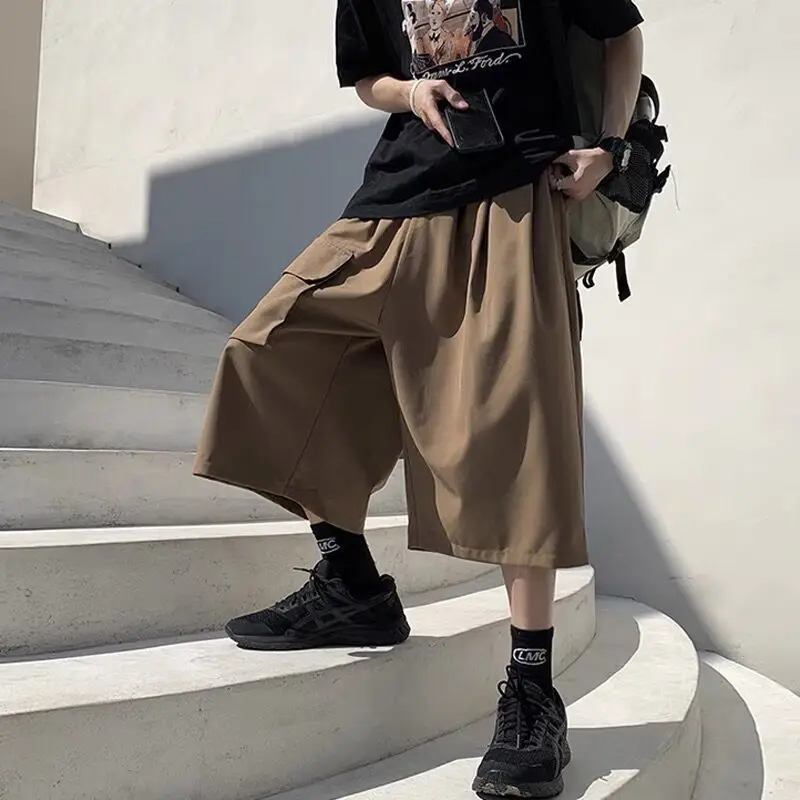 Street Casual Straight Shorts Summer Elastic Waist Loose Solid Thin Pockets Patchwork Cropped Pants Fashion Trend Men Clothing