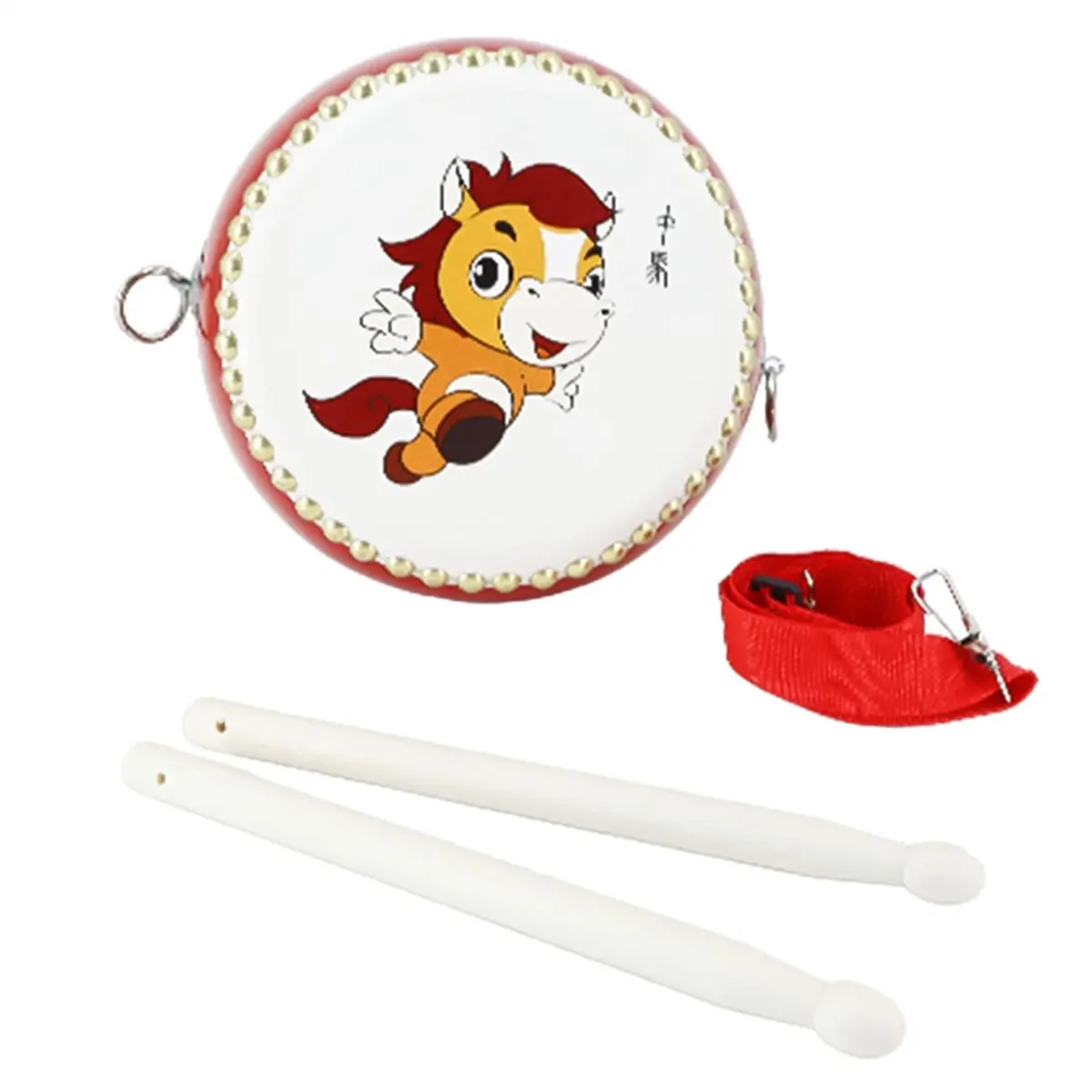 (A30I) 7 Inch Chinese Drum Kids Hand Drum Wooden with Carry Strap and Sticks Traditional Chinese Percussion Instrument