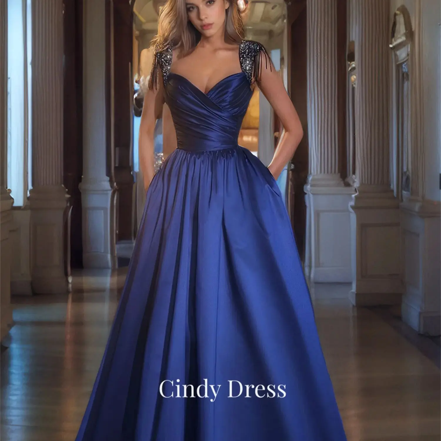 Shiny A-line Satin Navy Blue Chubby Elegant Party Dresses Customized for Wedding Evening Woman Gala Prom Dress Graduation Saudi