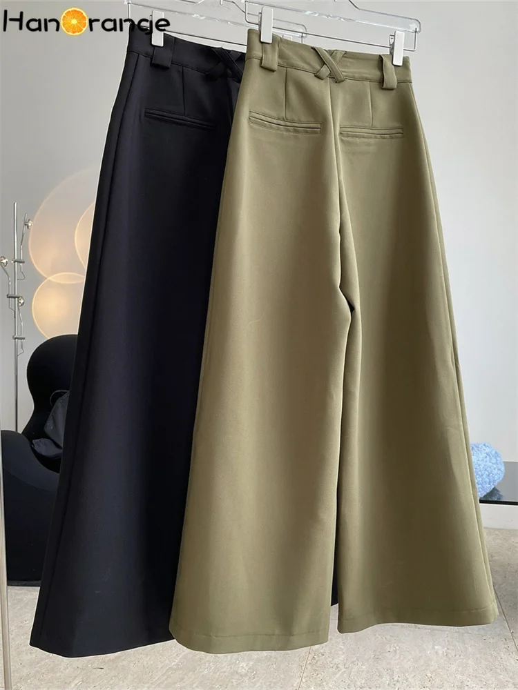 HanOrange 2024 Autumn Winter Fashion High Waisted Wide Leg Pants Women Loose A-line Trousers Black/Olive Green