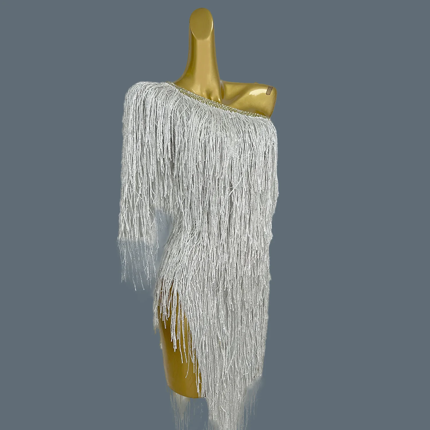 

Off One Shoulder Asymmetrical Mini Dress White Tassel Sexy Women Latin Dance Dress Nightclub Stage Performance Wear Party Outfit