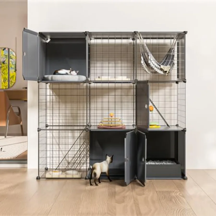 

3-Tier Large Cat Enclosure Indoor Outdoor with Litter Box Detachable Multifunctional Catio Playpen - DIY Metal Wire Kennel Cage