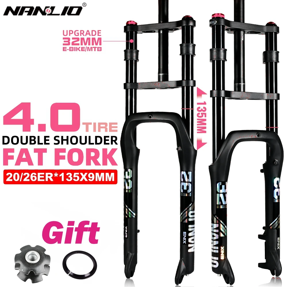 Nanlio E-bike Bike Air Supension Fork Double Shoulder Snow Front Fork 20*4.0inch / 26*4.0 inch MTB Fork 135x9mm Travel  Air Fork