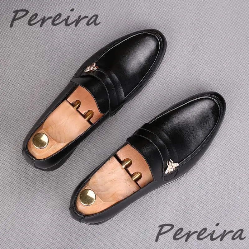 White Men's Casual Leather Shoes Luxury Gold Bee Decor Loafers Fashion Male Slip On Flats Spring and Autumn Daily Flat Shoes
