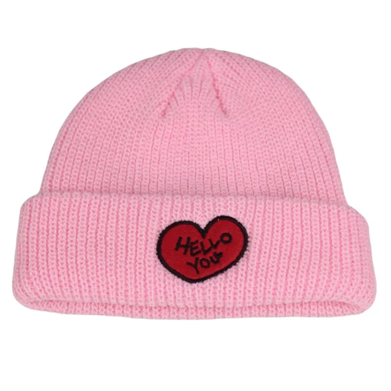 Cute Love Heart Winter Hats Beanies for Kids 2-5 Year Children Ribbed Knit Cap with Letters Pink White Red Blue