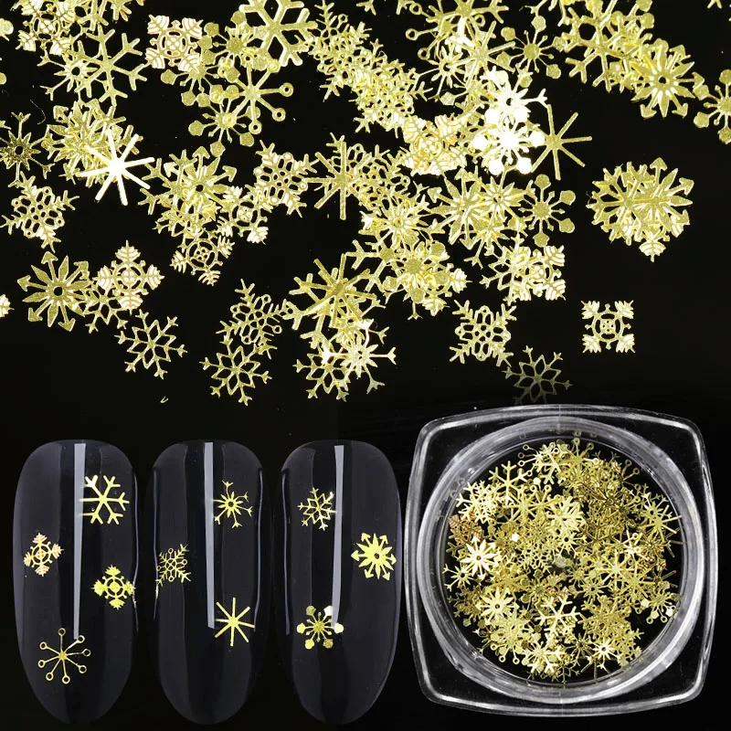 Fiocchi di neve 3D Fette di metallo dorato Paillettes per nail art 3 colori Oro/Bianco in scatola Glitter in metallo Fiocchi per manicure Gel Nail Art Decor P-1