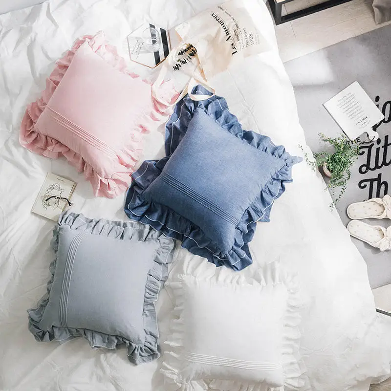 Cotton Double Flounce Throw Pillowshams Soft Ruffled Sofa Cushion Cover Korean Solid Color Couch Decor Pleat Stitch Pillow Case