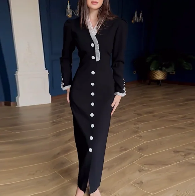 

Spring Women's Slim Fit High Waisted Single Breasted Dress Elegant Black and White Color Paired with Commuting Slim Fit Dress