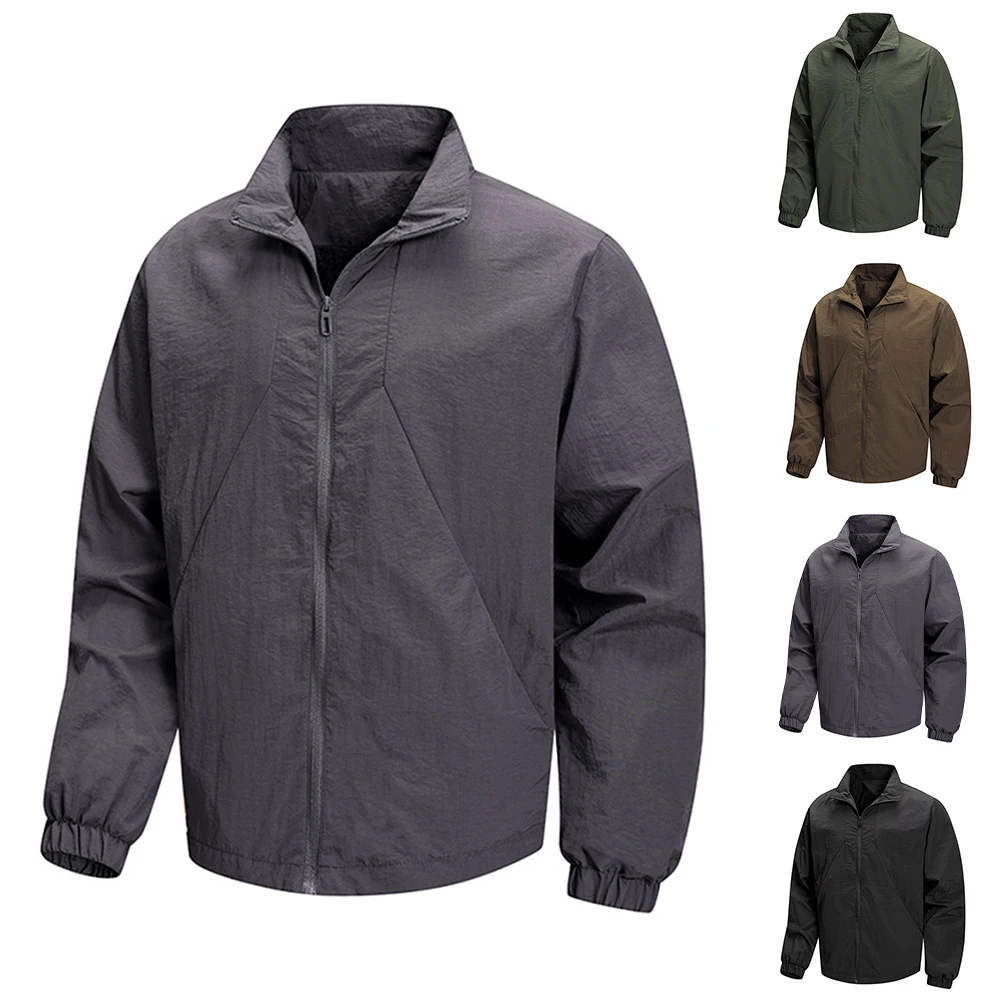 Outdoor Men\\\'s Casual Jacket Zip Front Stand Collar Waterproof Breathable Coat Suitable for Sport and Everyday Use
