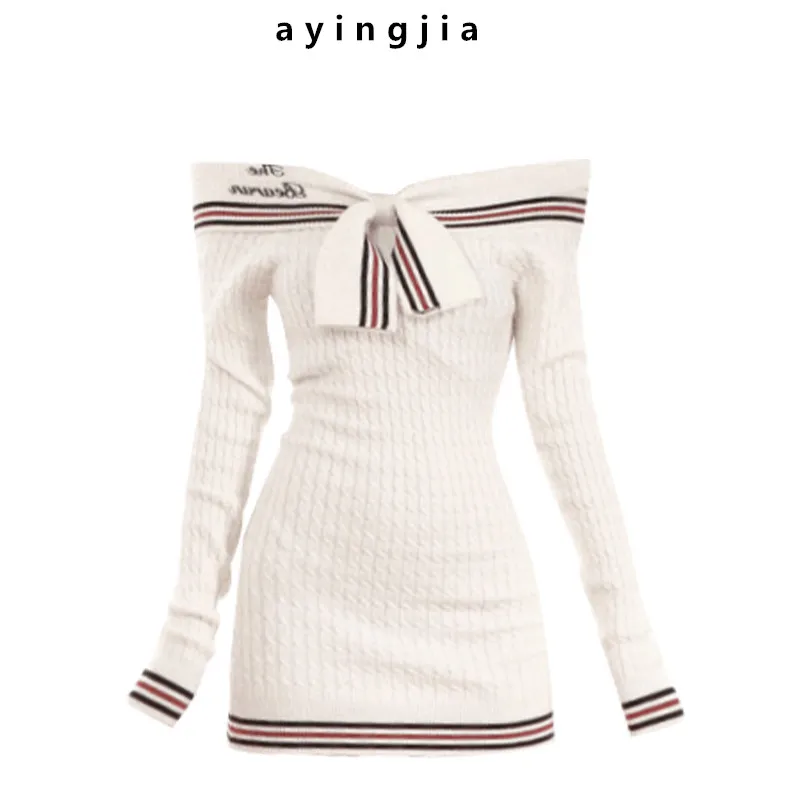 

Knot Shoulder Long Sleeve Knitted Dress Women's College Style Spicy Knot Slim Fit Bodycon Sweater Short Skirt
