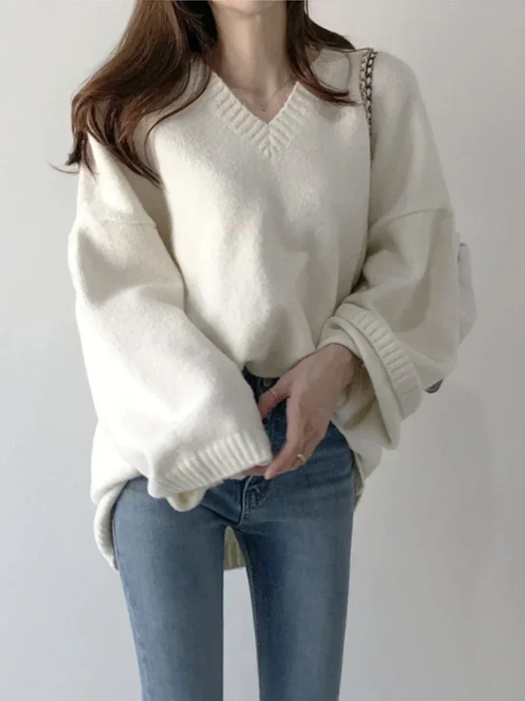 2024 Winter Fashion New Women\'s Knitted V-neck Loose Hoodie Long Sleeve Warm and Casual Outerwear Knitted Sweater  Jumper