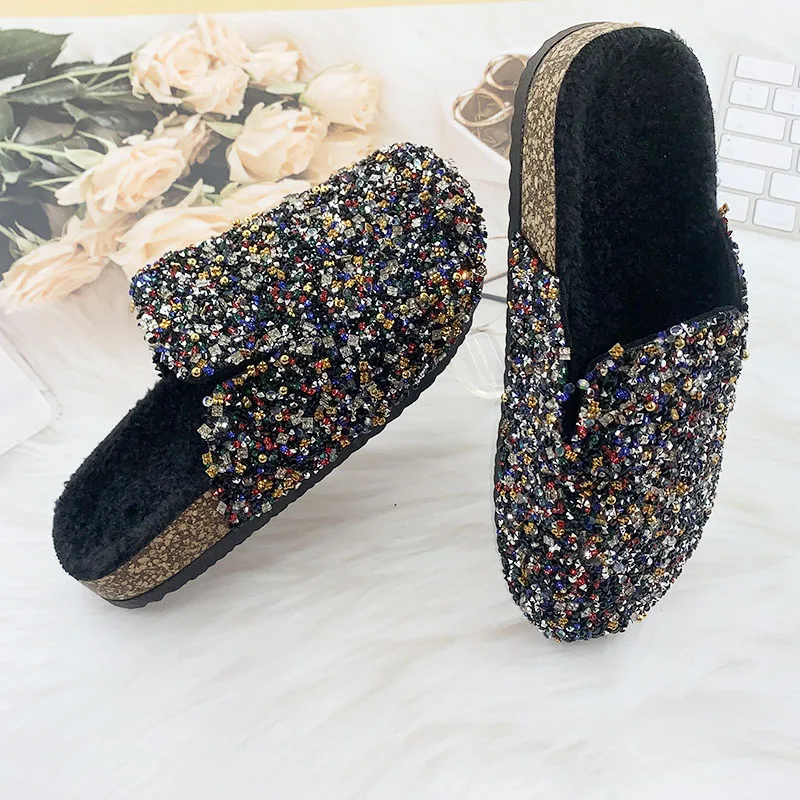 

Summer New Flat Slides Shoes Closed Toe Cork Clogs Shoes Summer New Bling Flat