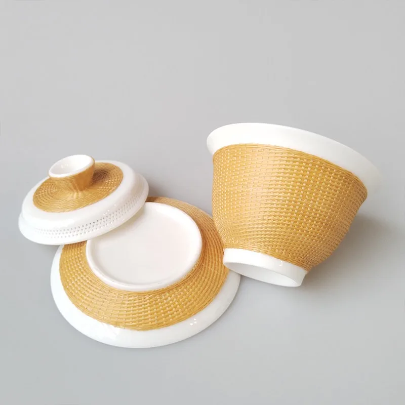 Bamboo Cover Bowl Set Chinese Intangible Cultural Heritage Porcelain Tire Bamboo Weaving Special Gifts for Foreigners Business G