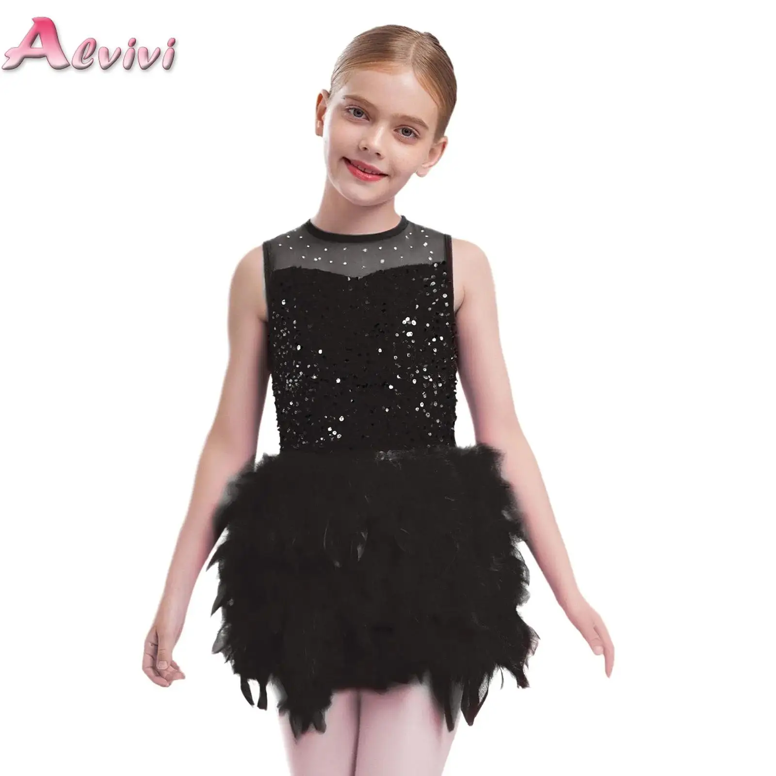 

Kids Girls Velvet Gymnastics Jazz Latin Dance Leotard Dress Stage Performance Costume Sheer Mesh Sequins Feather Dancewear