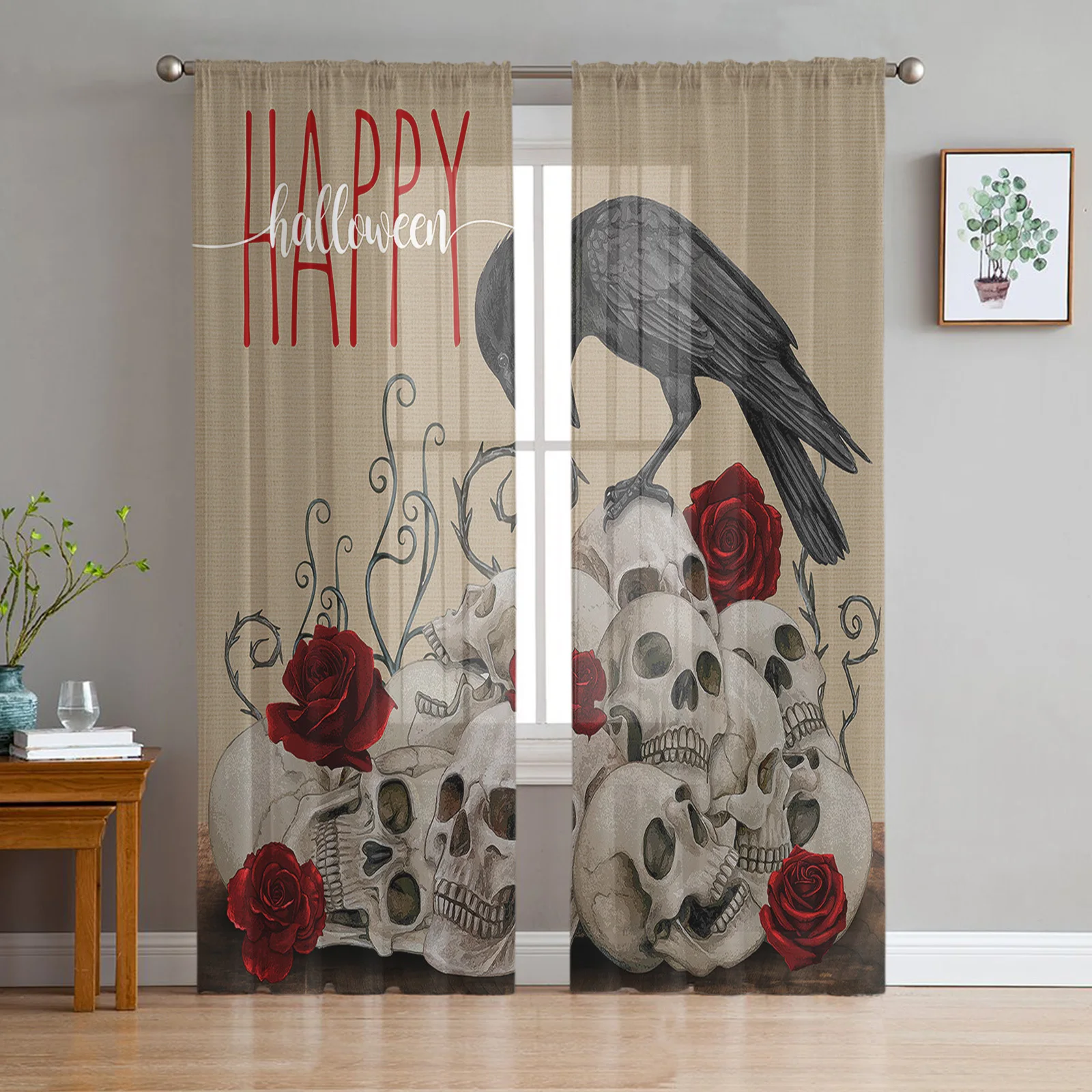 Halloween Skull Crow Rose Sheer Curtains Christmas Home Decorations Window Tulle Curtains for Living Room Bedroom