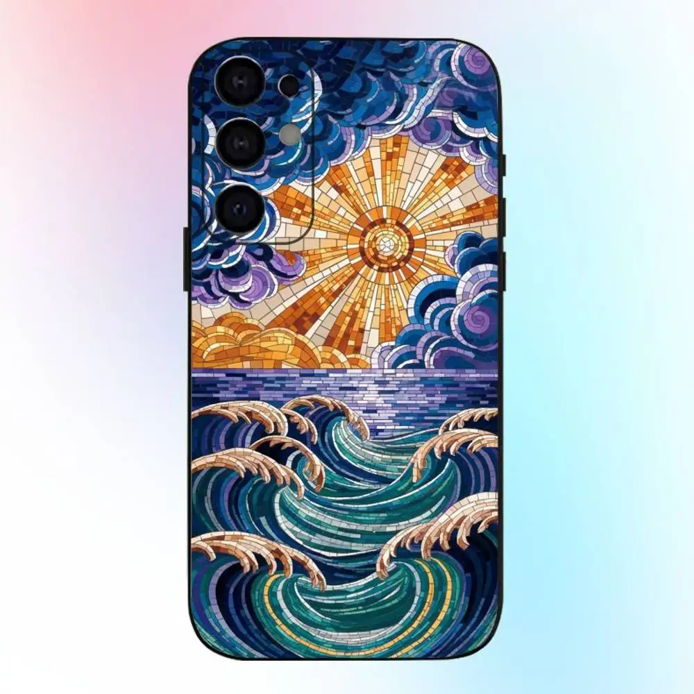 Glass Printed Sun & Moon  Phone Case For Samsung S25,S24,S21,S22,S23,S30,Ultra,S20,Plus,Fe,Lite,Note,10,9,5G Black Cover
