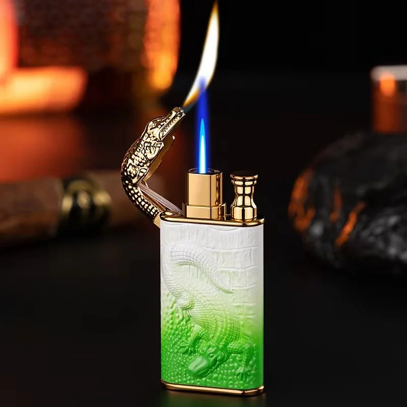 2023 3D Relief Dragon Crocodile Double Fire Lighter Metal Windproof Jet Fire Open Fire Conversion Gas Lighter Smoking Men\'s Gift