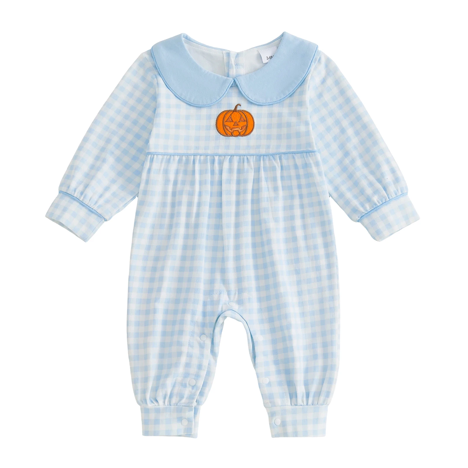 

Baby Boy Girl Halloween Romper Plaid Pumpkin Embroidered Long Sleeve Doll Collar Bubble Jumpsuit Cute Infant Fall Clothes