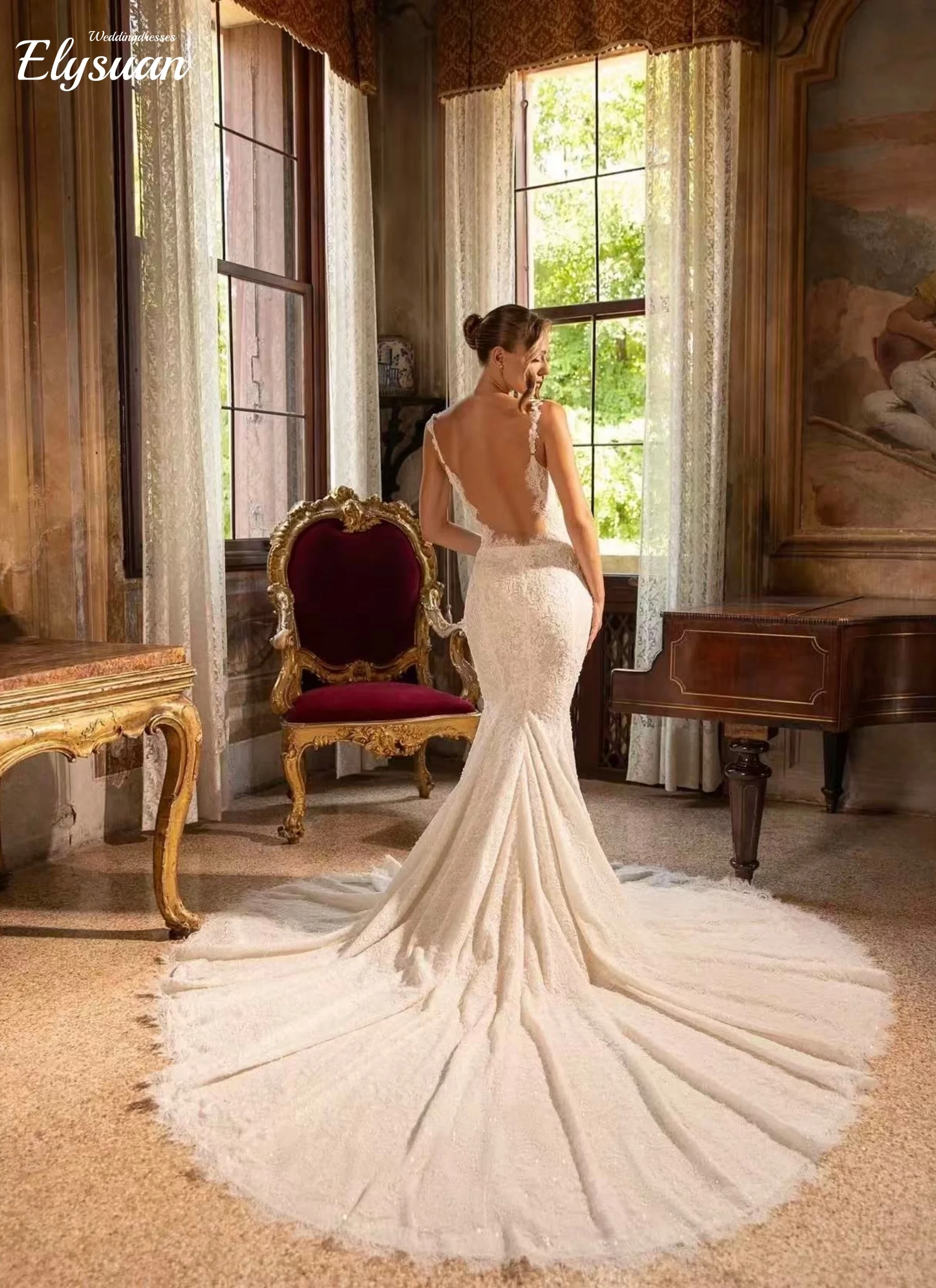 تخصيص لامعة مطرز الدانتيل فستان الزفاف الأنيق السباغيتي الأشرطة ثوب الزفاف اللؤلؤ حورية البحر فساتين طويلة للعروس