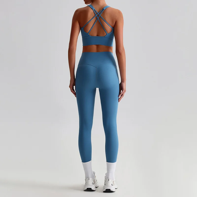 Naked Feel Yoga Set Women Fitness Sportswear 2 Piece Strappy Sports Bra High Waist Gym Leggings Workout Outfit Active Wear image 3