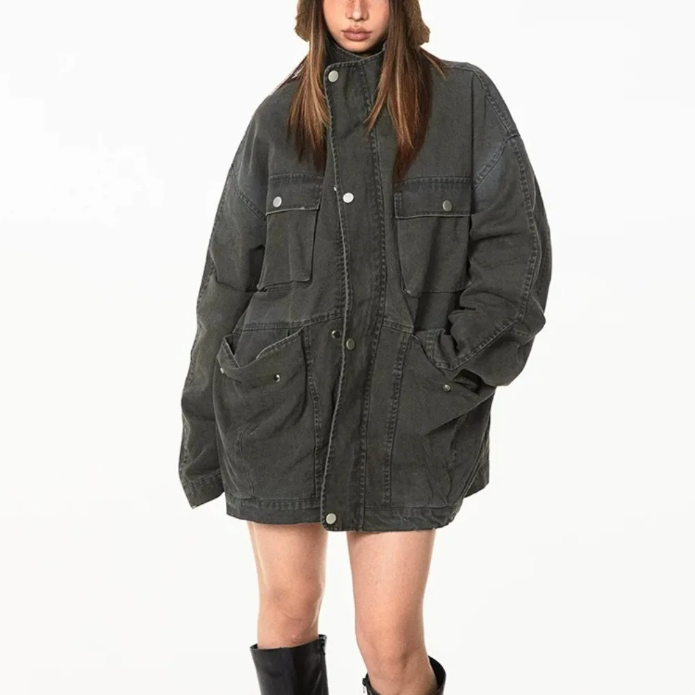 Vintage Washed Multi Pockets Denim Jacket Women's American Loose Fashion Stand Collar Long Sleeve Coat 2026 New Casual Outerwear