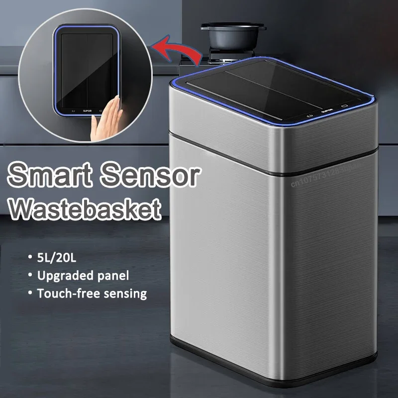 

Умный мусорный бак 15л 20л, мусорная корзина с двусторонним датчиком, кухонная автоматическая микрокристаллическая панель, мусорная корзина из нержавеющей стали, мусорный бак