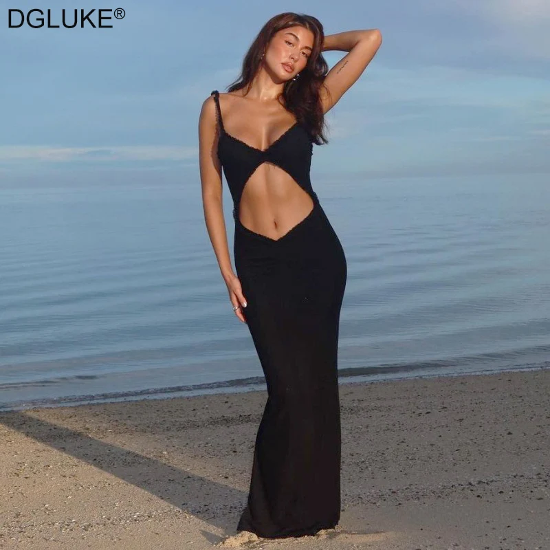 

DGLUKE Spaghetti Strap Bodycon Maxi Dress Woman V-Neck Cut Out Long Summer Dress Women 2025 Sexy Holiday Beach Dress