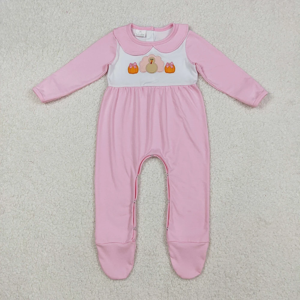 

Baby Girls Pink Pumpkin Turkey Embroidery Footed Rompers for Thanksgiving Theme Pink Fall Outfit for Infants