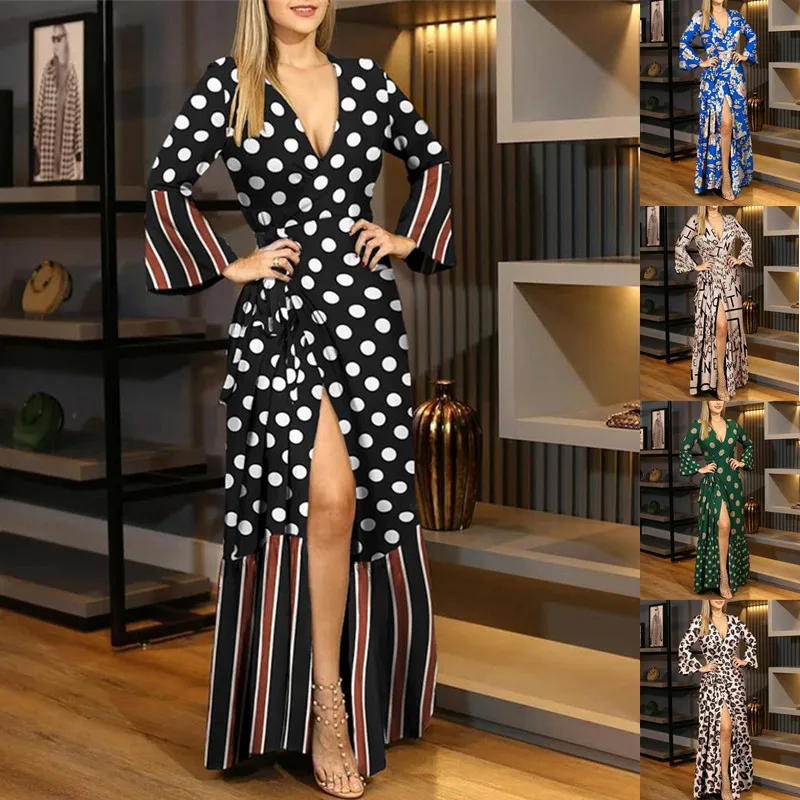 

Spring and Summer Hot-selling Black and White Polka Dot Letter Color-blocking Printed Women's Plus Size Long Sleeve V-neck Dress