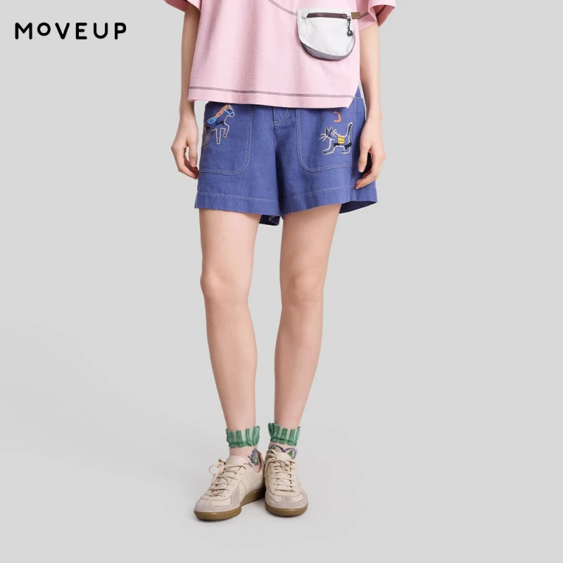 MOVEUP Cartoon Short Pants 2026 Autumn New Elastic Waist Zipper Pony Kitten Embroidered Pockets Casual Style Shorts 3ELC20127