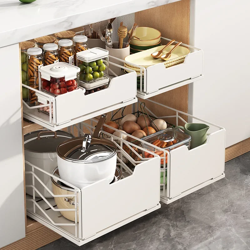 Kitchen storage basket rack with slide rail, seasoning storage in cabinet