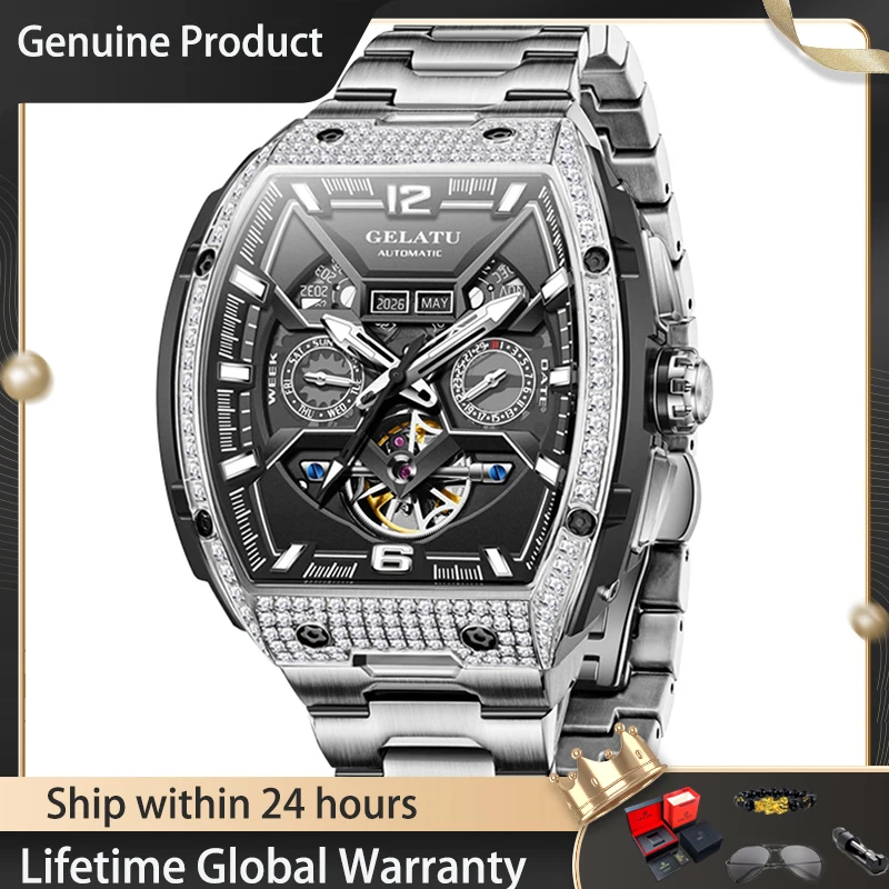 

GELATU 6016 Luxury Original Mens Watch Skeleton Automatic Mechanical Watch﻿ Waterproof Stainless Steel Perpetual Calendar Watche