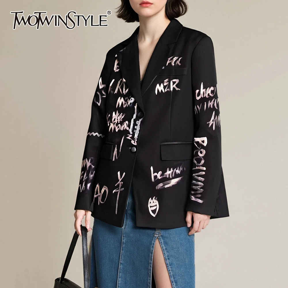 TWOTWINSTYLE Black Spliced Letter Printing Jacket Female Lapel Long Sleeve Loose Streetwear Women's Jackets Autumn New Fashion