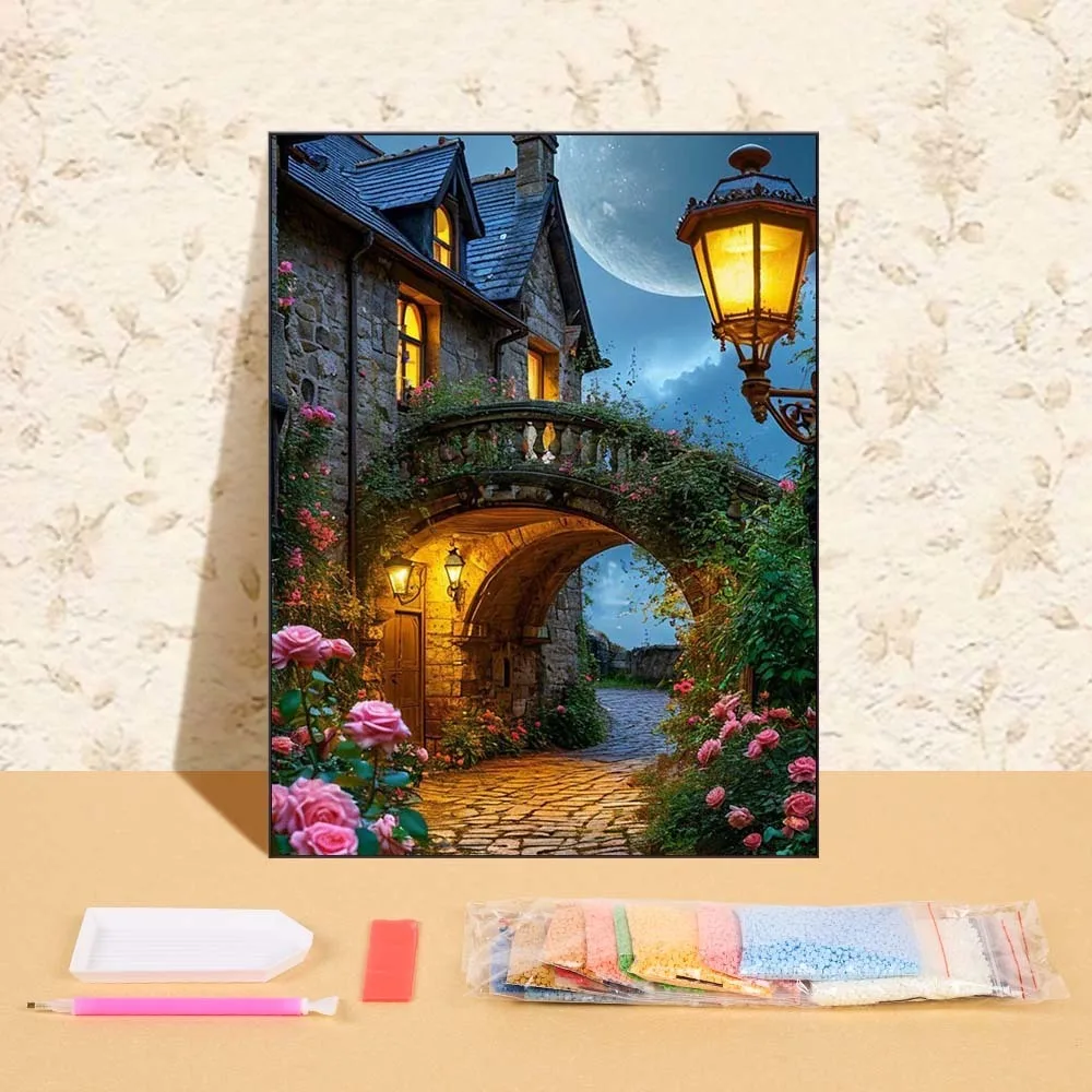 

Diamond Painting Stone House Landscape Picture Rhinestone Acrylic Craft Supplies DIY Pink Flowers Diamond Mosaic Holiday Gifts