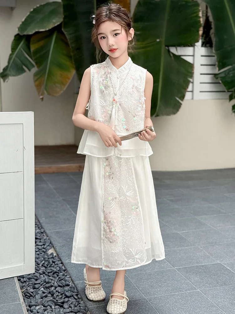 

2025Girls' Summer New Chinese Style Sleeveless Elegant Embroidered Vest Dress Pants Ancient Style Hanfu Princess Dress