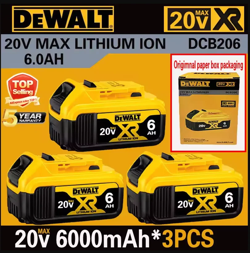 DEWALT Rechargeable Lithium Ion Battery 20V 5.0Ah/6.0Ah 18V 5.0Ah Power Tool Battery DCB200 Genuine 