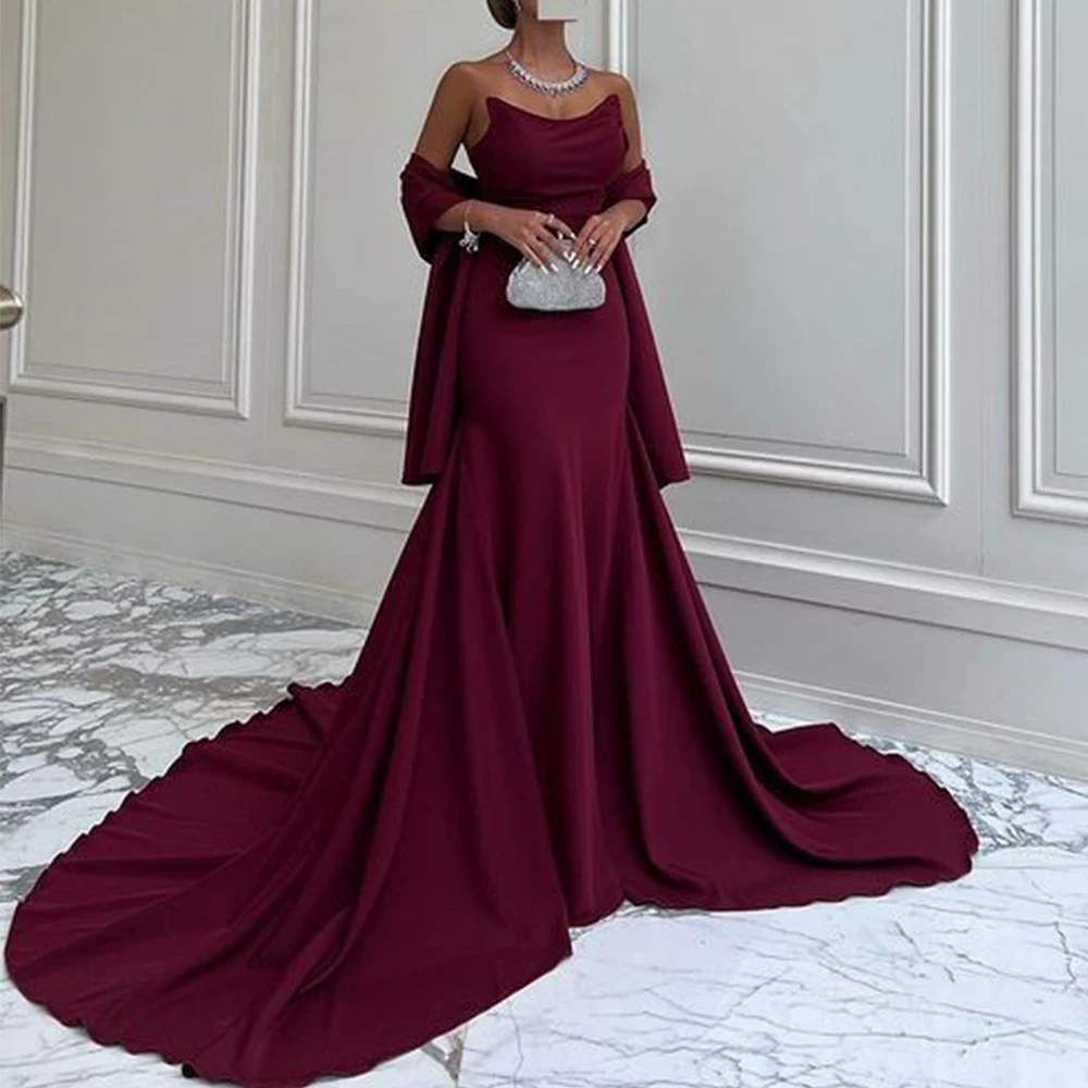 

Chic Strapless Mermaid Prom Dress Sleeveless Burgundy Floor Length Sexy Open Back with Sweep Train Women Party Custom Made Gowns