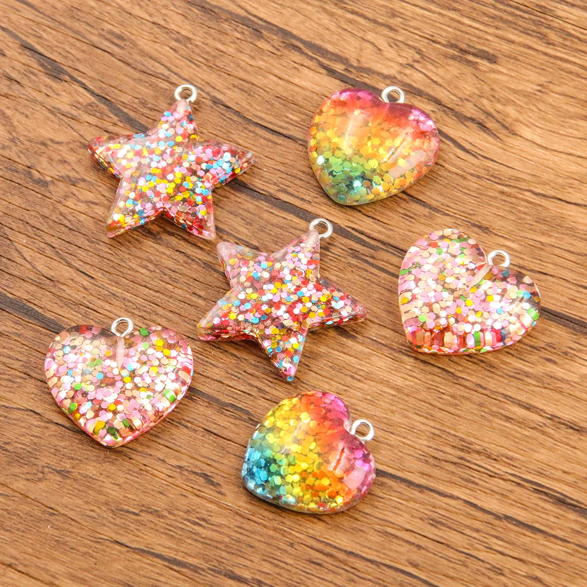 10Pcs 3 Styles Rainbow Color Resin Heart Star Charms Pendants For DIY Decoration Earring Key Chain Jewelry Making Handmade