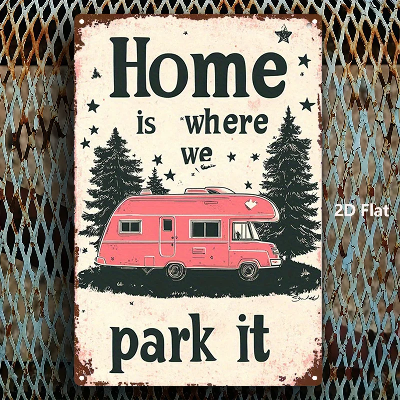 2D Flat, 1pc, Metal Sign, Iron Art Decoration of a Camper And Pine Tree, Sturdy Metal Plaque, Ideal for Bars, Bedrooms