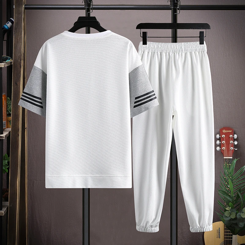 Hot-Selling Summer Men\'s Trousers Tracksuit 2 Piece Set Fashion Sportswear Short Sleeve T Shirt+Long Pants Male Clothing